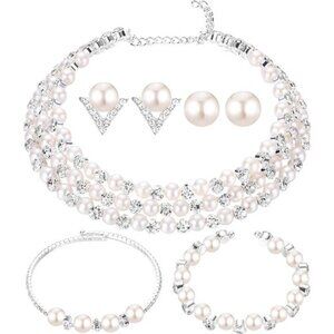 Pearl Rhinestone Jewelry Set for Women Pearl Necklace Bracelet Earrings